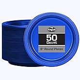 Blue Plastic Plates 9 Inch - 50 count - Plastic Solid Round Party Plates For Weddings, BBQs, Birthday Plates - Disposable Blue Plates - Plastic Dessert Plates