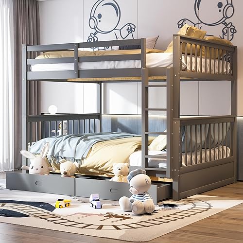 Merax Wood Bunk Bed with Drawers,Convertible Wood Bunk Bed with Ladders and  Two Storage Drawers,Solid Wood Detachable Bunk Bed Frame with Ladders,Full 