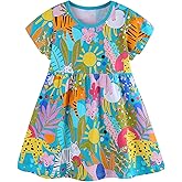AIWUHE Toddler Girls Dress Cotton Casual Short Sleeve Striped Jersey Dresses Summer Cartoon Dinosaurs Appliques Shirt 2-7Y