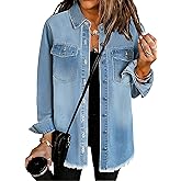 Dimur Oversized Jean Jacket For Women Casual Long Sleeve Button Denim Shirts Distressed Denim Jackets Shacket