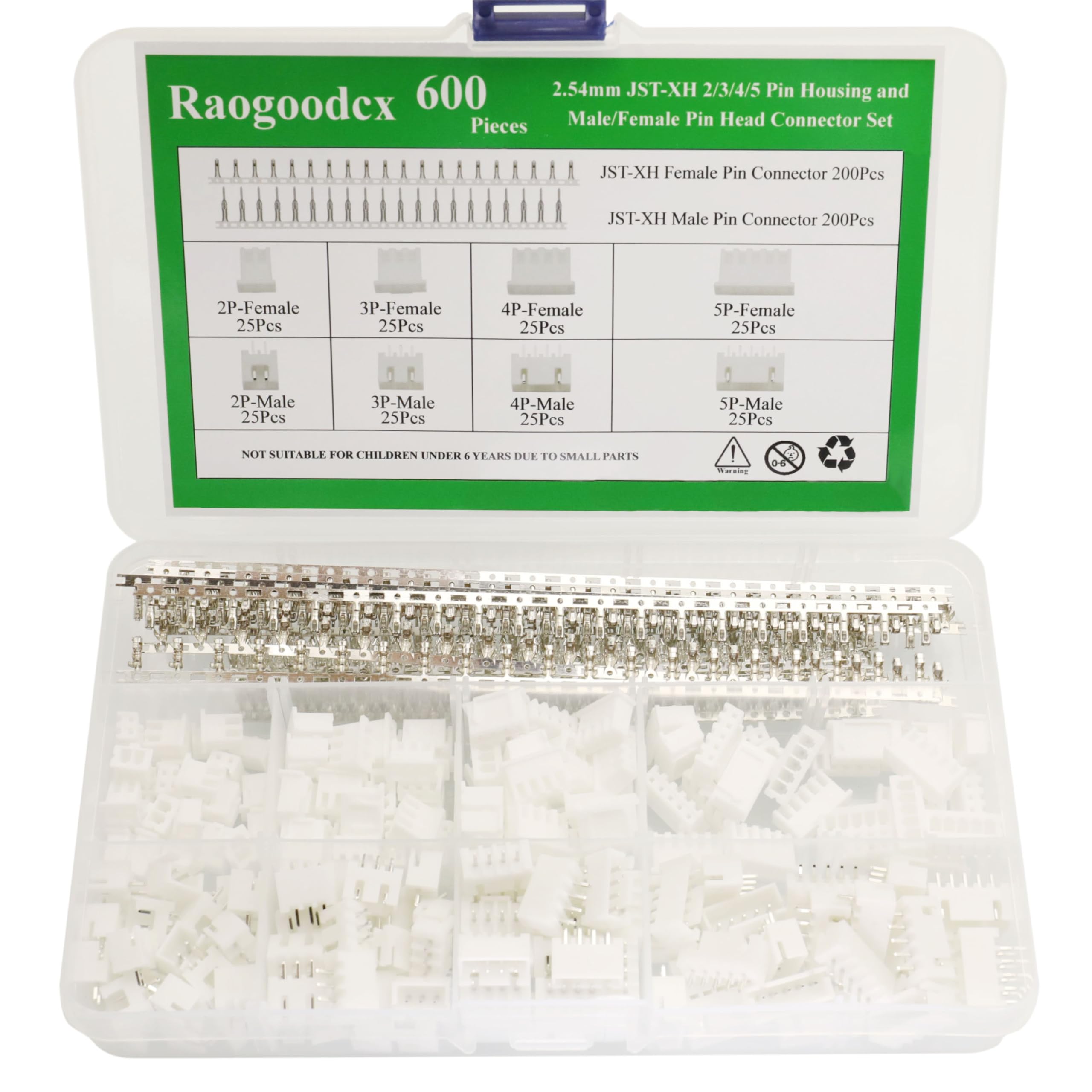 Raogoodcx 600Pcs 2.54mm JST-XHP 2 / 3 / 4 / 5 Pin housing and Male / Female Pin Head Connector Adapter Plug Set