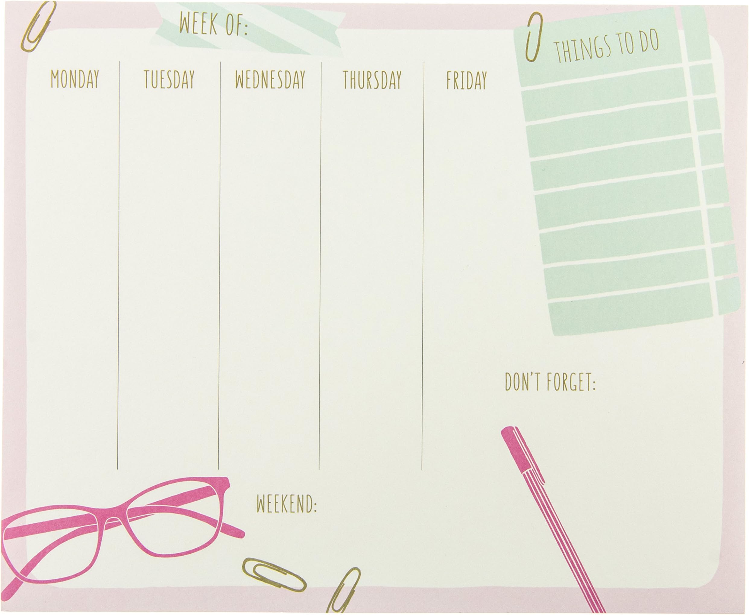 Graphique Glass and Pen Weekly Notepad, Weekly Organizer Notepad with 80 Tear-Off Weekly Sheets and Notes and To-Do List Sections, Perfect Organizer, 9.75" x 8"