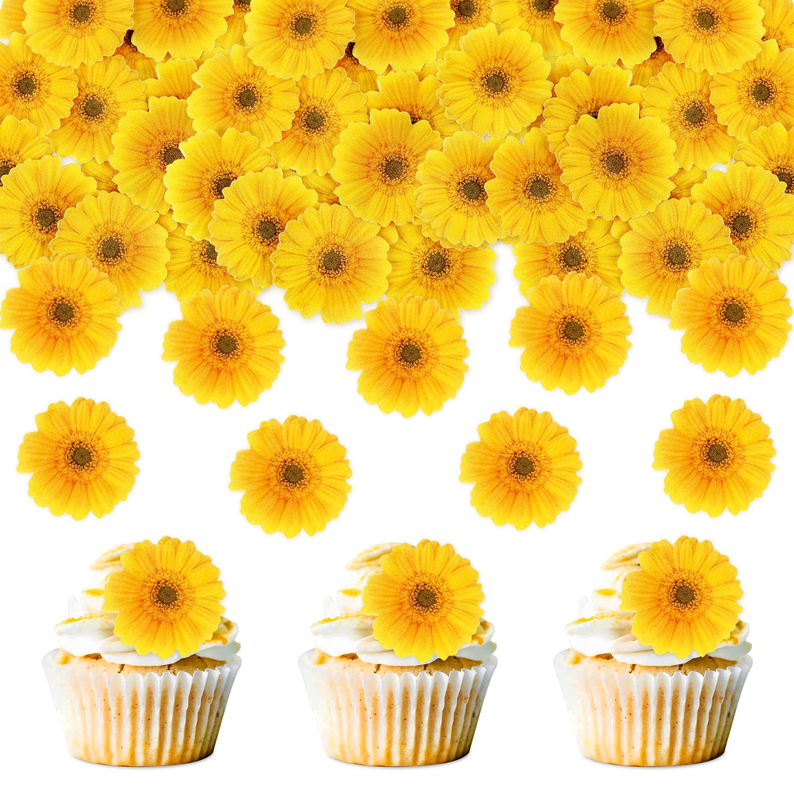 Photo 1 of 40 Pack Edible Daisy Cupcake Toppers Edible Wafar Paper Spring Bridal Engagement Baby Shower Birthday Party Drink Toppers Anniversary Party Decorations Supplies Gold