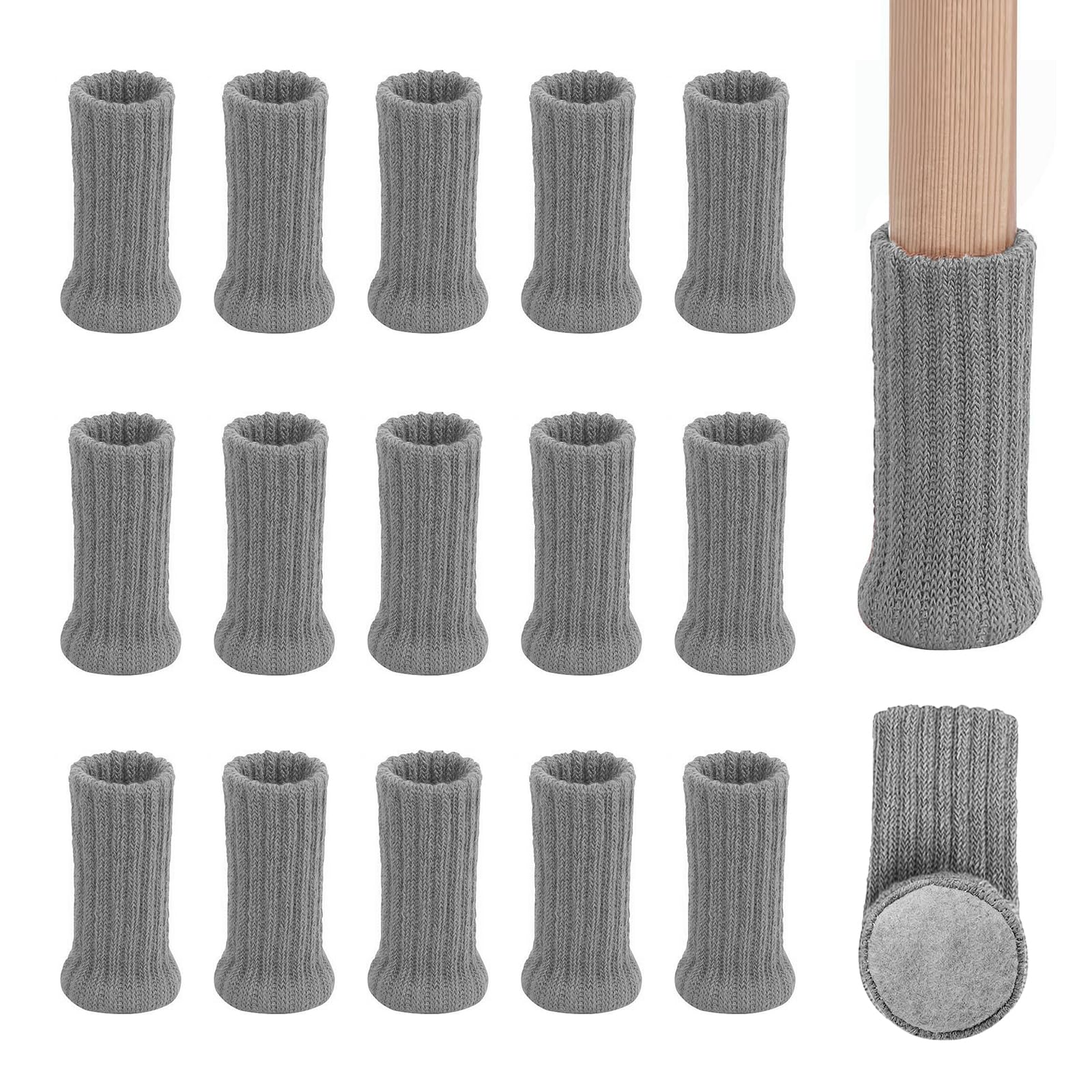 16 Pcs Chair Leg Socks with Felt Pads, Double Layered Non Slip Knitted Furniture Booties for Home School Office Library (Grey)