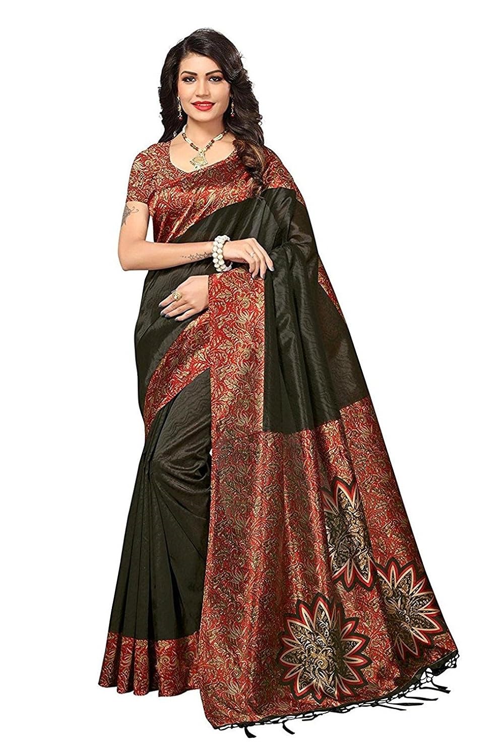 indira designer women's art mysore silk saree with blouse piece (star-red)