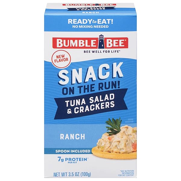 BUMBLE BEE SNACK ON THE RUN RANCH TUNA SALAD WITH CRACKERS KIT, READY TO EAT SPOON INCLUDED WILD CAUGHT TUNA SHELF STABLE & CONVENIENT PROTEIN SNACK- 3.5 OZ