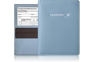 BAPHITY Genuine Leather Passport Cover Wallet, Ultra Slim Case with Vaccine Card Slot, RFID Blocking (Ice Blue)