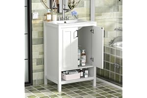 Skokliz 24" Bathroom Vanity with Ceramic Sink, Modern White Bathroom Sink Set with 2 Doors and Open Shelf, Space-Saving Sink 