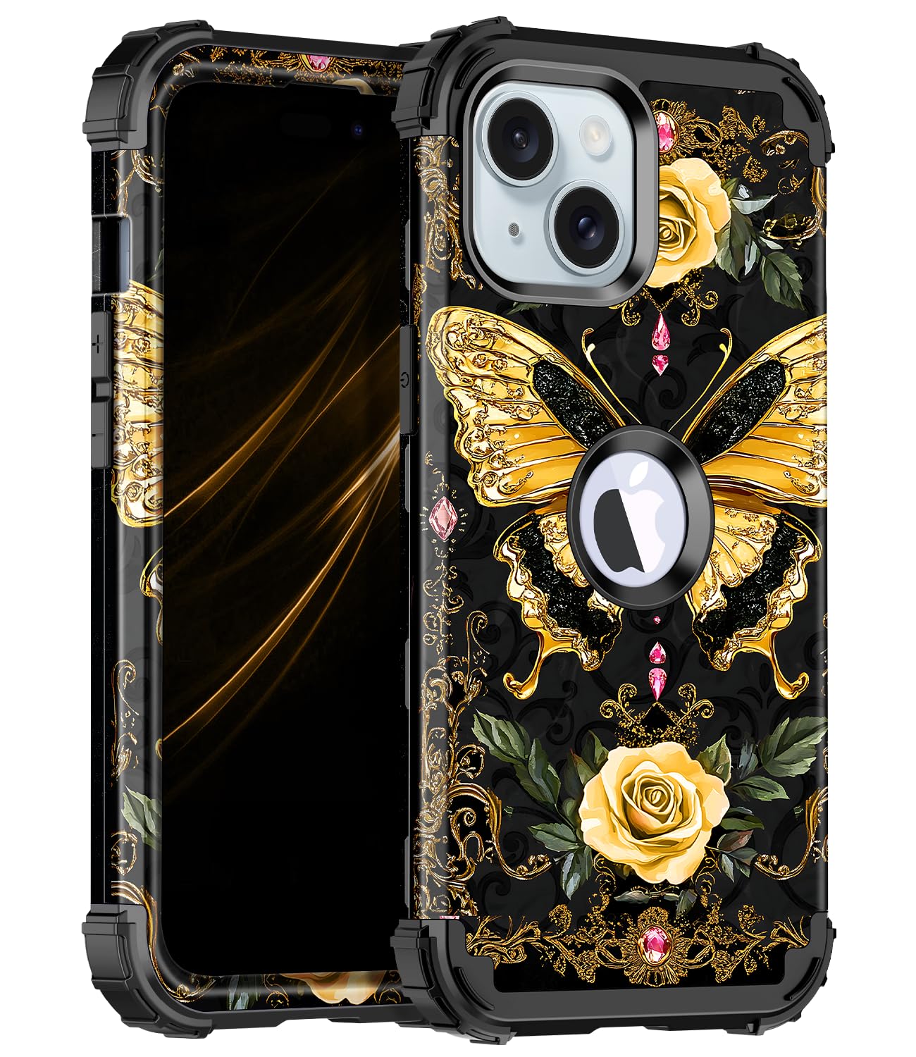 Miqala Compatible with iPhone 15 Case,Glow in The Dark Three Layer Heavy Duty Shockproof Hard Plastic Bumper+Soft Silicone Protective Case for Apple iPhone 15,Black