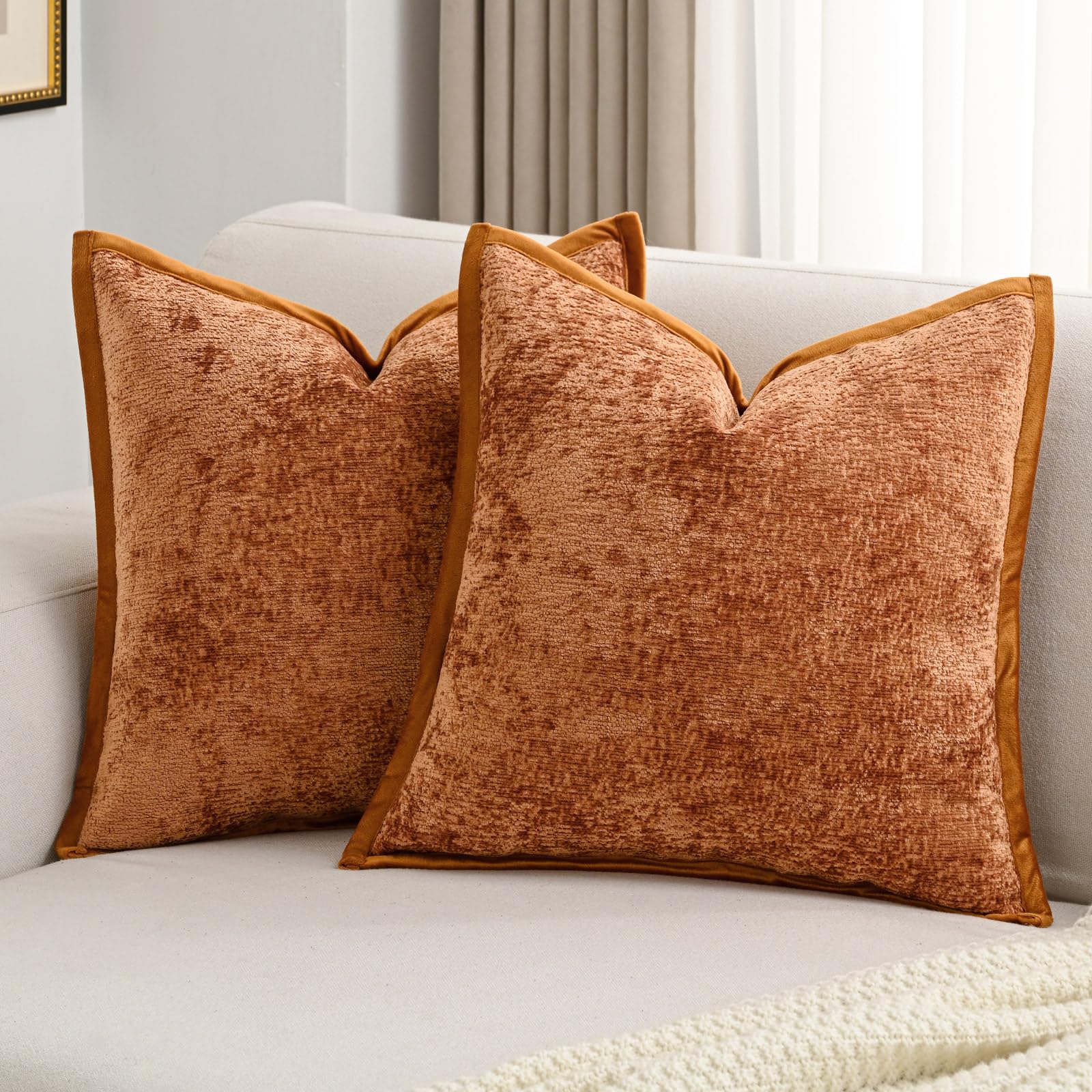 Photo 1 of FUTEI Rust Chenille Throw Pillow Covers 22x22 Inch Set of 2,Soft Cozy Bound Edge Design Cushion Case,Home Decor for Couch Bed Living Room