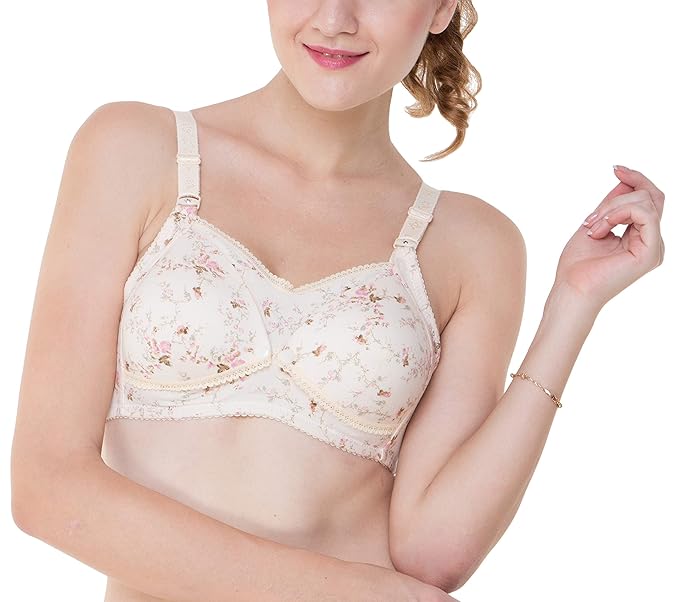 Women's Poly Cotton Soft Cup Full Coverage Front Hook Nursing/Feeding Bra,Color-Beige