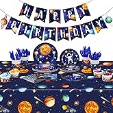 Outer Space Birthday Party Supplies Serve 24 Space Party Tableware Set, Happy Birthday Banner Solar System Tablecloth Paper Plates Cups Napkins Knives Forks Spoons for Solar Theme Activities Decor