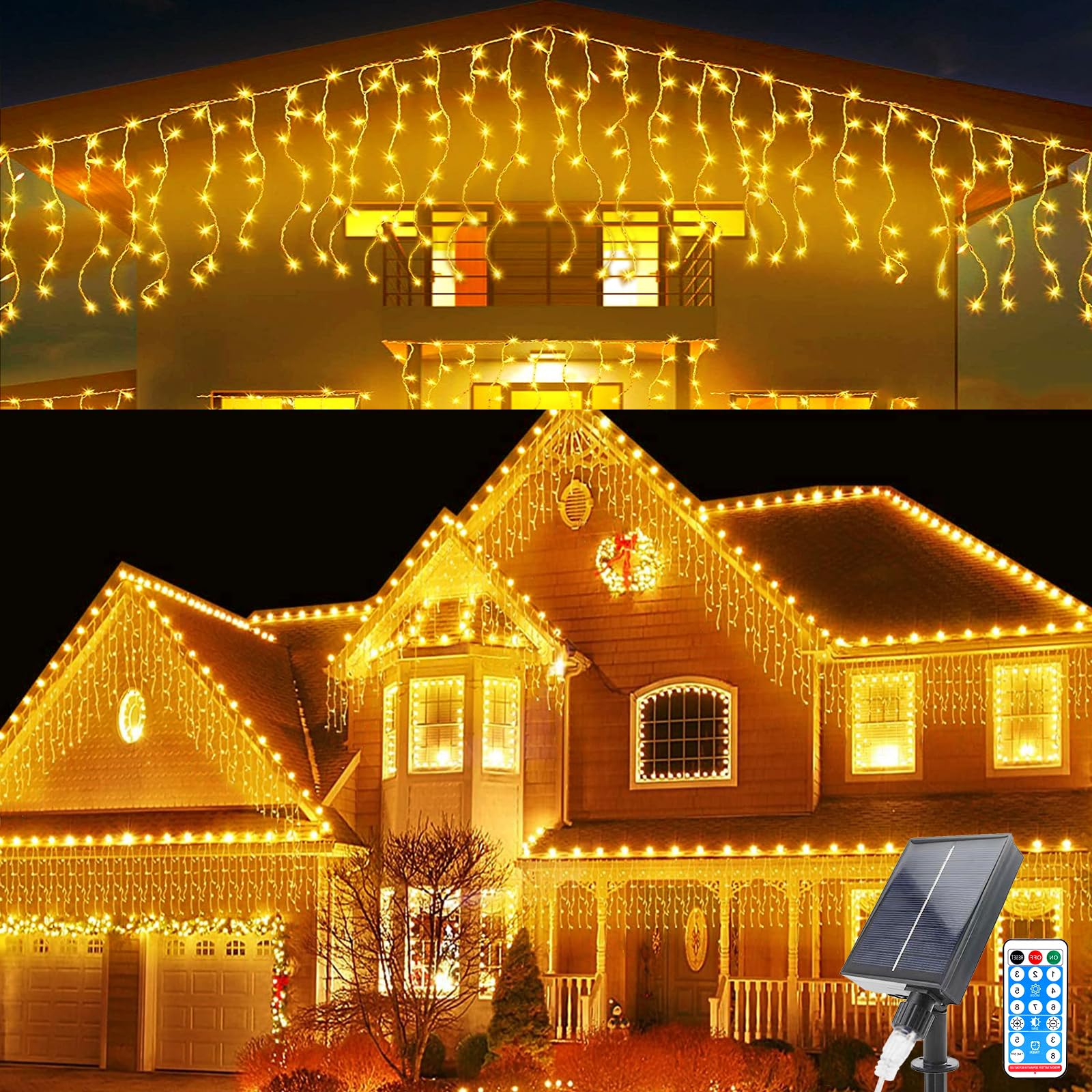 Solar Icicle Lights: 5M Waterproof Curtain Fairy Lights, 0.8Mx16 LEDs Waterfall String with Remote for Wedding & Christmas Decorations