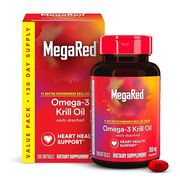 MEGARED – OMEGA-3 KRILL OIL 350MG SOFTGELS (130 COUNT IN A BOTTLE), EPA & DHA OMEGA-3 FATTY ACIDS WITH NO FISHY AFTERTASTE UNLIKE FISH OIL, CONTAINS ANTIOXIDANT ASTAXANTHIN