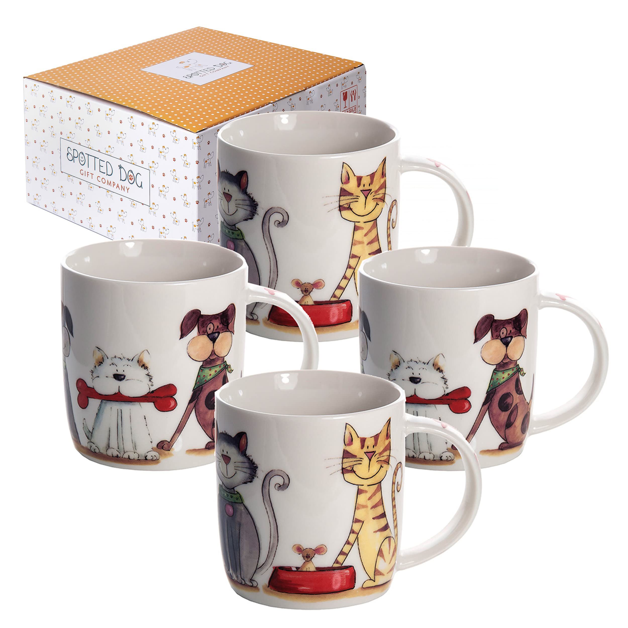 SPOTTED DOG GIFT COMPANY Cat & Dog Mugs Set of 4 – 350ml Ceramic China Coffee Mugs & Tea Cups | Cute Animal Themed Designs | Cat Lover & Dog Lover Gifts for Women, Men & Kids