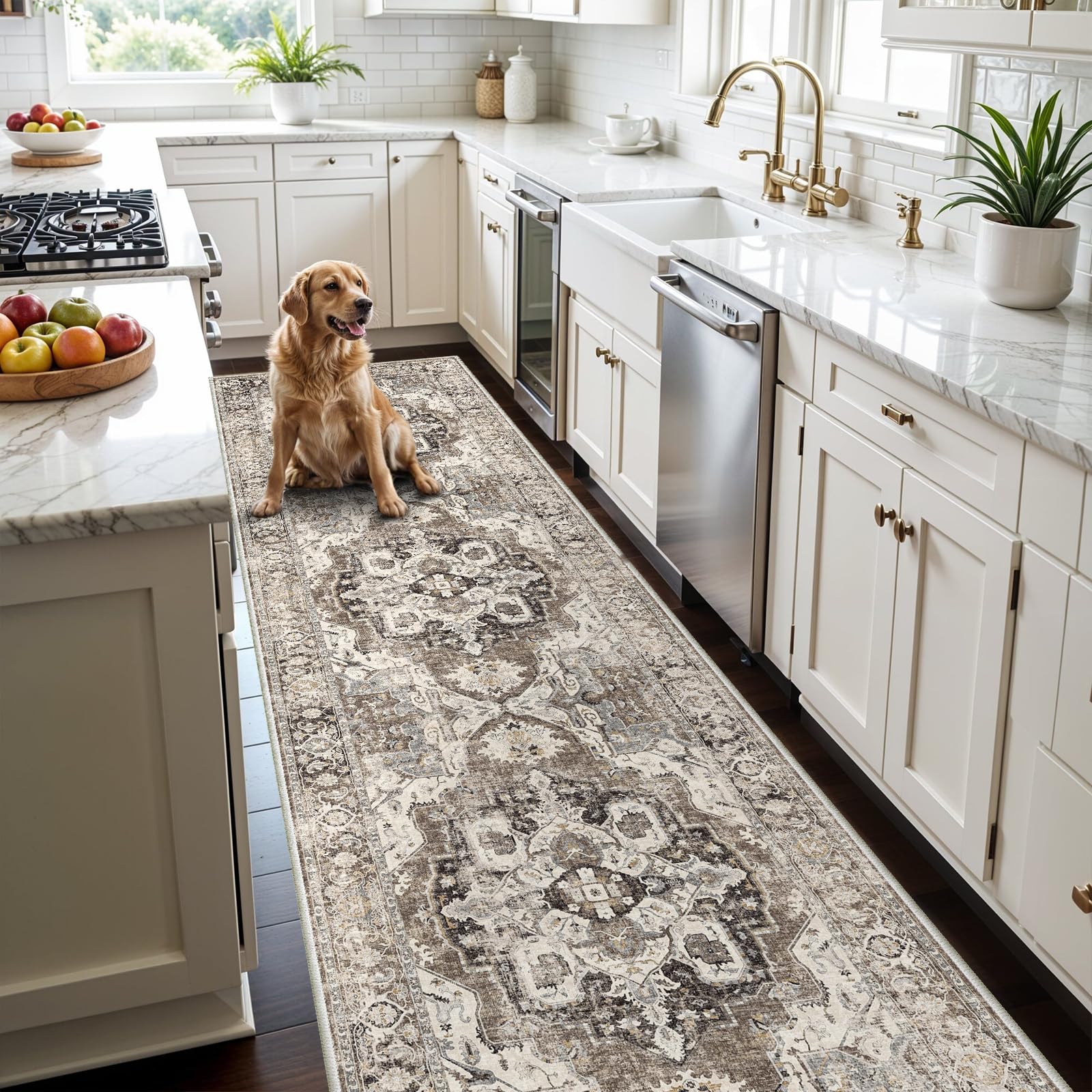 Photo 1 of 3x10 Washable Hallway Runner Rug: Soft Kitchen Rugs Non Slip Floor Runner with Rubber Backing for Living Room Bedroom Entryway Indoor Farmhouse Carpet Runners (Beige/Brown/Grey, 3x10)