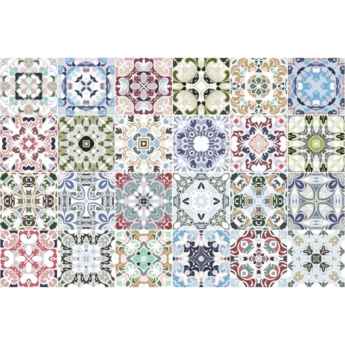 Ambiance Pack of 24 Tile Stickers| Self-adhesive decorative wall decal cement tile - Mosaic tile wall decal bathroom and kitchen | Cement Tile wall stickers - azulejos - 10 x 10 cm 24 pieces