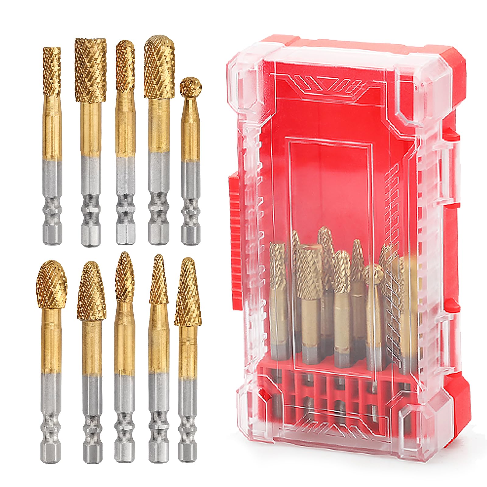 Photo 1 of 10 Pieces Set Carbide Burr Set with 1/4 inch Hex Shank,Double Cut Tungsten Carbide Rotary Burr Set for DIY Grinder Metal Wood Carving Engraving Polishing Drilling Grinding Milling Cutting