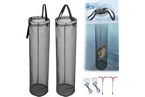QualyQualy 2-Pack Ice Fishing Live Well, Floating Fish Basket for Live Fish Bait Bucket, Foldable Rubber Coated Fish Bag for Live Caught & Minnow Bucket| Fits All Ice Holes, Carabiner Included