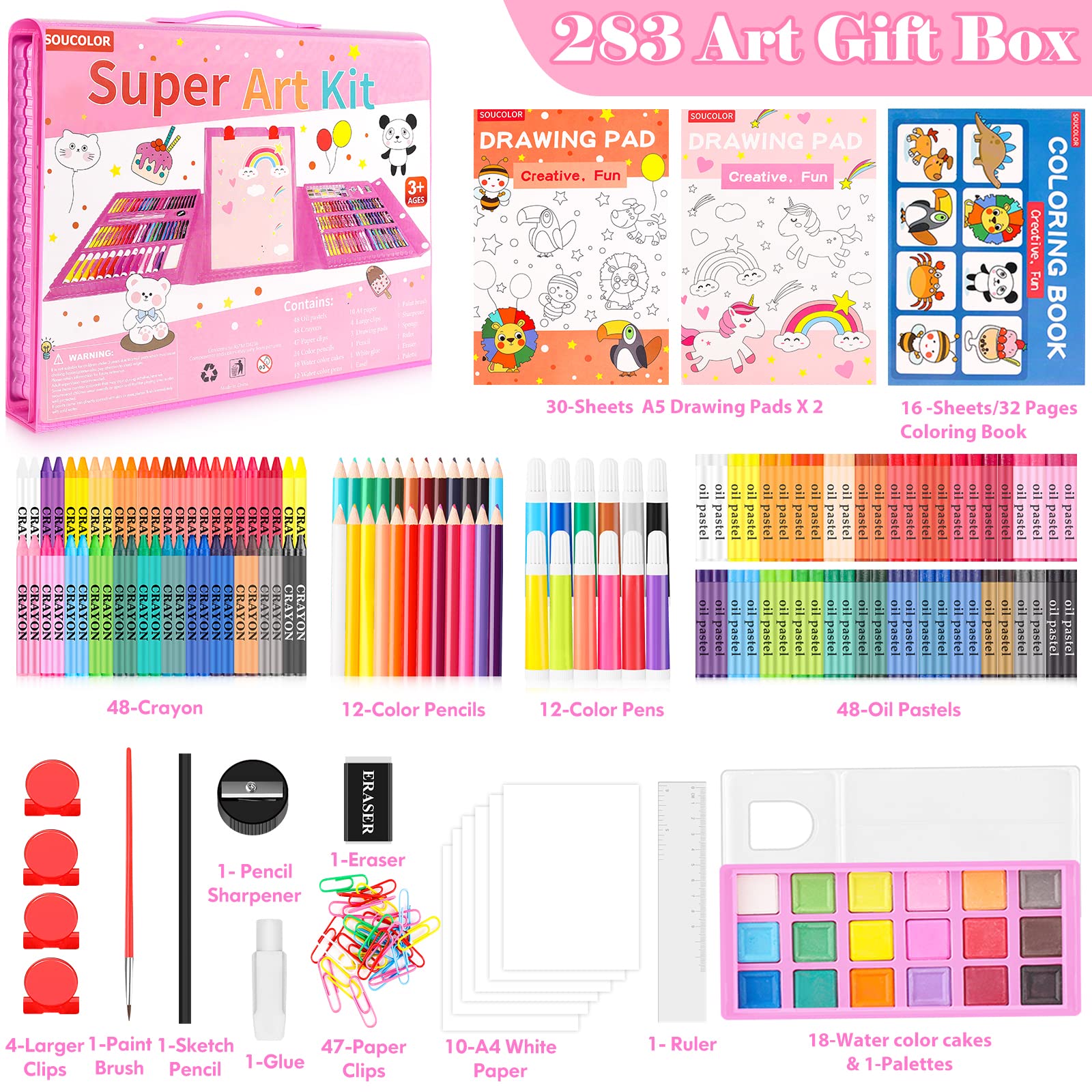 Soucolor Easter Gifts for Kids Teens Girls Boys Ages 4, 6, 8, 10, 12, 283 Pieces Drawing Set Art Kits with Trifold Easel, 2 Drawing Pads, 1 Kids Activity Coloring Book, Crayons, Pastels, Watercolor