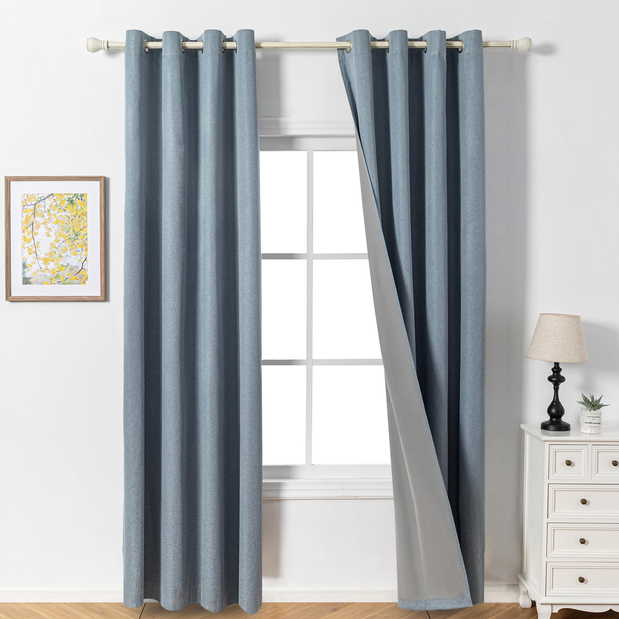 MYSKY HOME Opaque Curtain with Eyelets, Cold Protection, Blackout Curtains, Linen Look, Opaque Curtain for Living Room, Grey Blue, Set of 2, H 245 x W 140 cm
