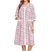 SWOMOG House Dress for Women Snap Front Dusters for Women with Pockets 3/4 Sleeve Cotton Nightgown S-XXXL