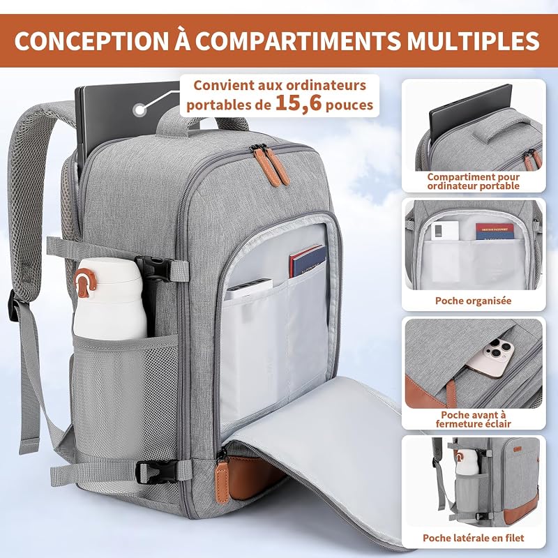 Sac a Dos 40x30x20, 24L Sac a Dos Voyage Cabine Avion Hommes Femmes — photo 5 sur 6