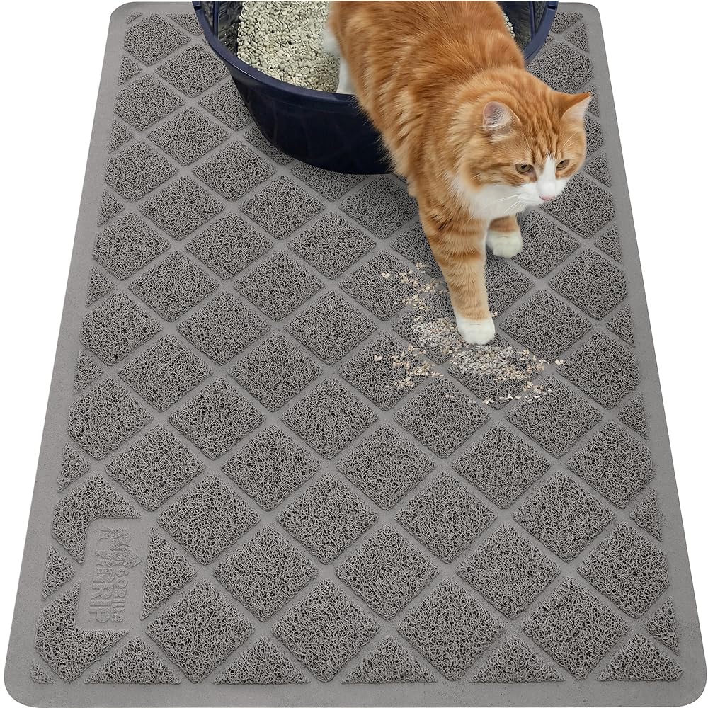 GORILLA GRIP Cat Litter Box Mat, 35x23, Cushioned Coil Mesh Litter Trapping Mats, Scatter Control Supplies for Less Mess, Phthalate Free, Ultra Deep Catch Grooves, Rinse or Vacuum to Clean, Gray