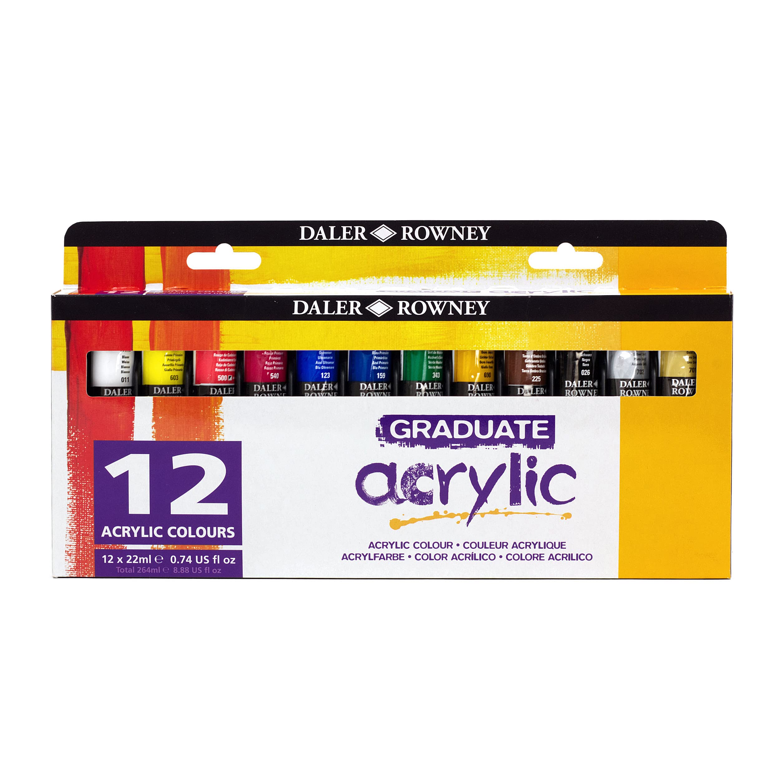 Daler Rowney Graduate 22 ml Acrylic Paint Set, 12 Assorted Colours, High Lightfastness, Water-Based, Solvent-Free, Ideal for Student Artists