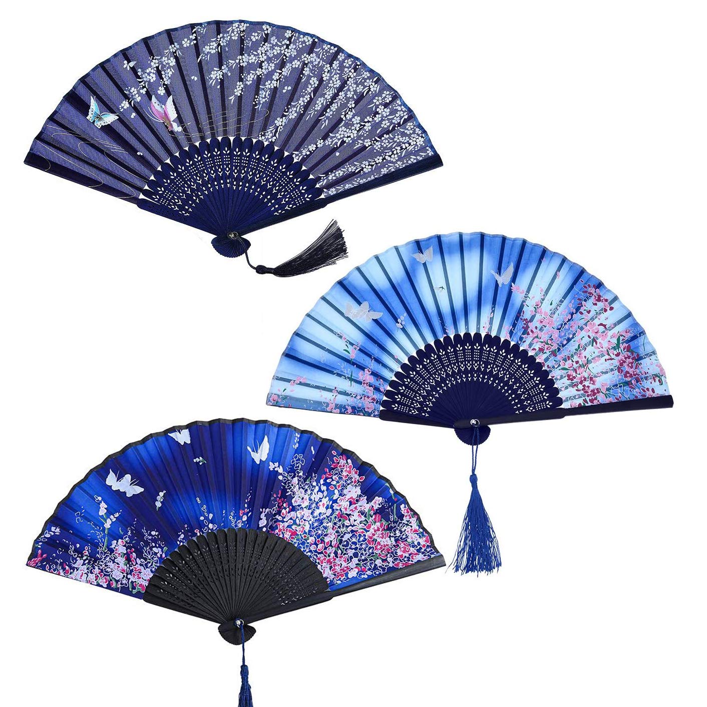 JUHONNZ Handheld Fans,3 PCS Folding Fans Bamboo Fans Silk Folding Fans with Tassel Pocket Fans Japanese Dancing Fans for Wall Decoration Wedding Gift