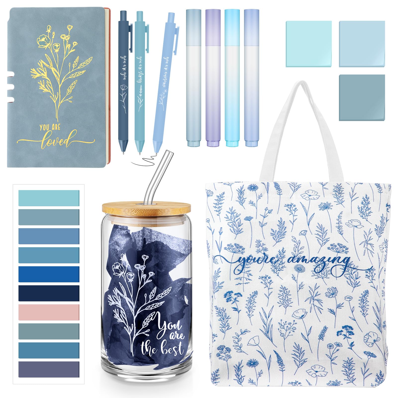 Photo 1 of **INCOMPLETE** Singhoow 12 Pcs Inspirational Journal Kit for Women Christmas Aesthetic A6 Leather Journal Notebook Glass Cup Motivational Pens Stationery Set for Women Nurse Practitioner(Blue)