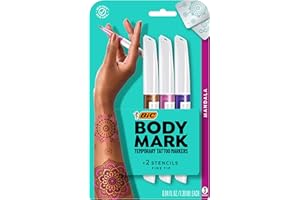 BIC BodyMark Temporary Tattoo Marker with Fine Tip, Mandala, Assorted Colors, Pack of 3 Markers + 2 Stencils
