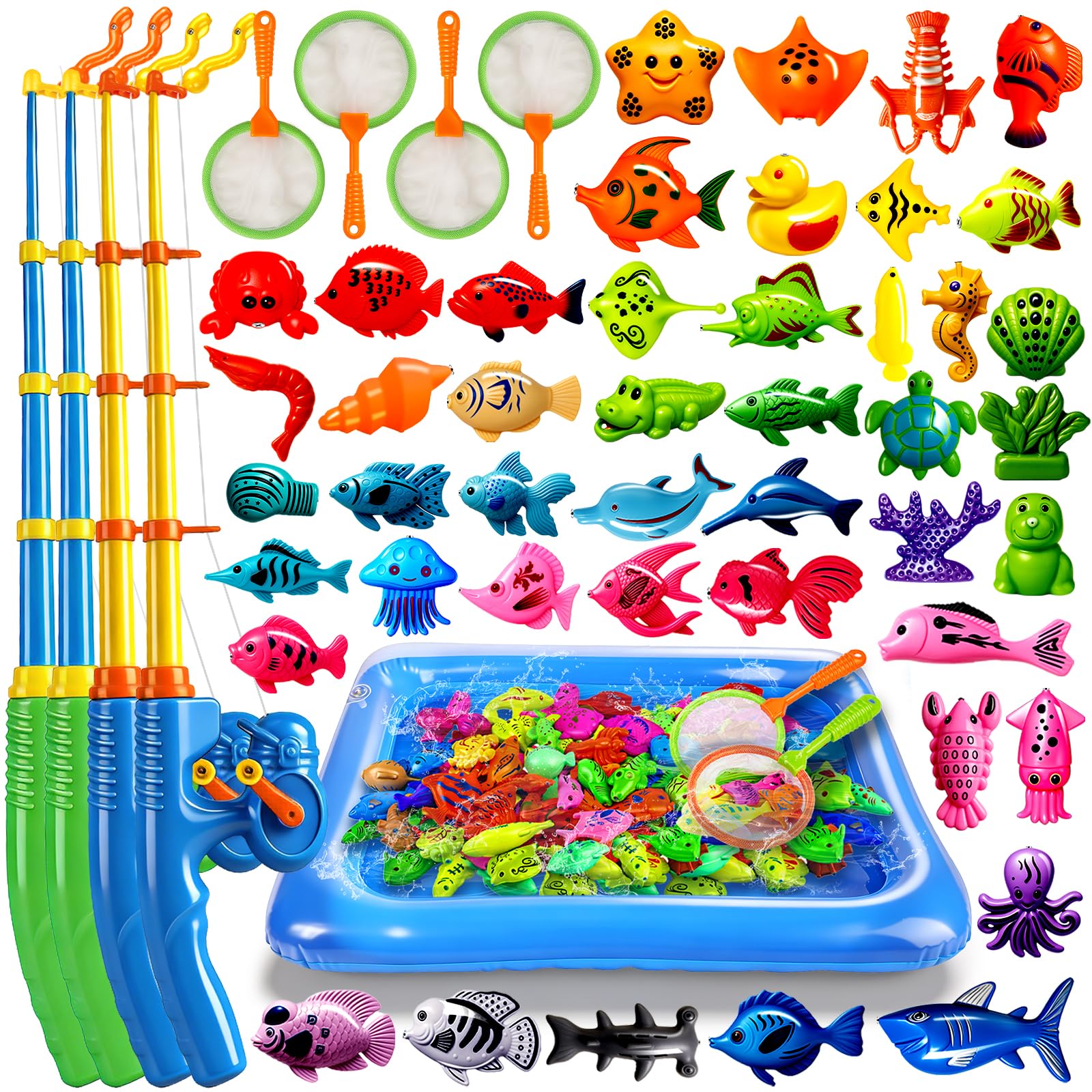 CozyBomB™ Magnetic Fishing Toys Game Set for Kids | Water Table Bathtub Kiddie Pool Party Pole Rod Net, Outdoor Plastic Floating Fish, Toddler Bath Color Ocean Sea Animals Birthday Gift Age 3-5 6 4-8