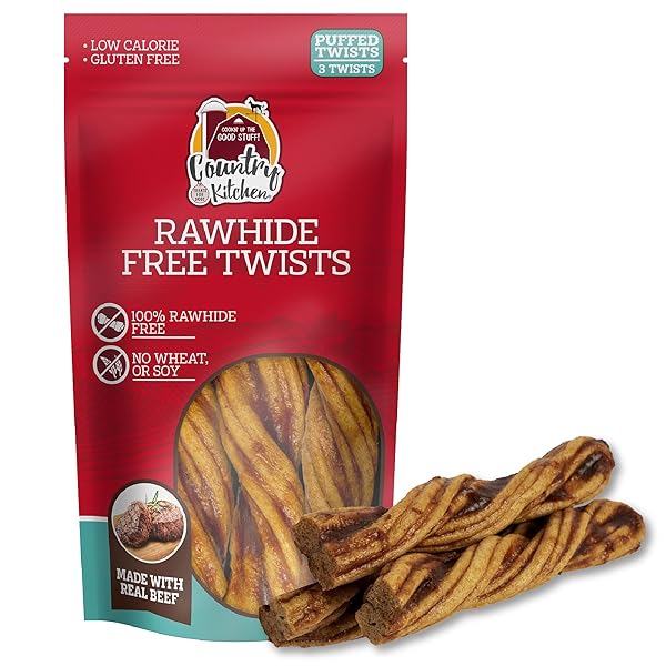 COUNTRY KITCHEN RAWHIDE FREE TWISTS DOG CHEWS, MADE WITH REAL BEEF, 3 COUNT