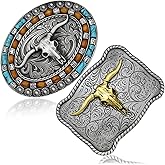 RechicGu 2 Pieces Turquoise Long Horn Bull Belt Buckles Vintage Western Cowboy Belt Buckle for Men Women, 2 Styles