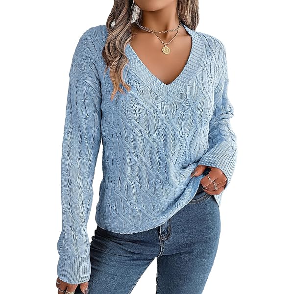 V Neck Sweaters for Women Fall Tops Cable Knit Sweater