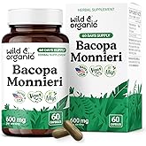 Wild & Organic Bacopa Capsules 600 mg - Brain Support - Natural Bacopa Monnieri Supplement - Brahmi Capsules - 60 Days of Supply - Vegan, No Fillers, Non-GMO - 60 Count