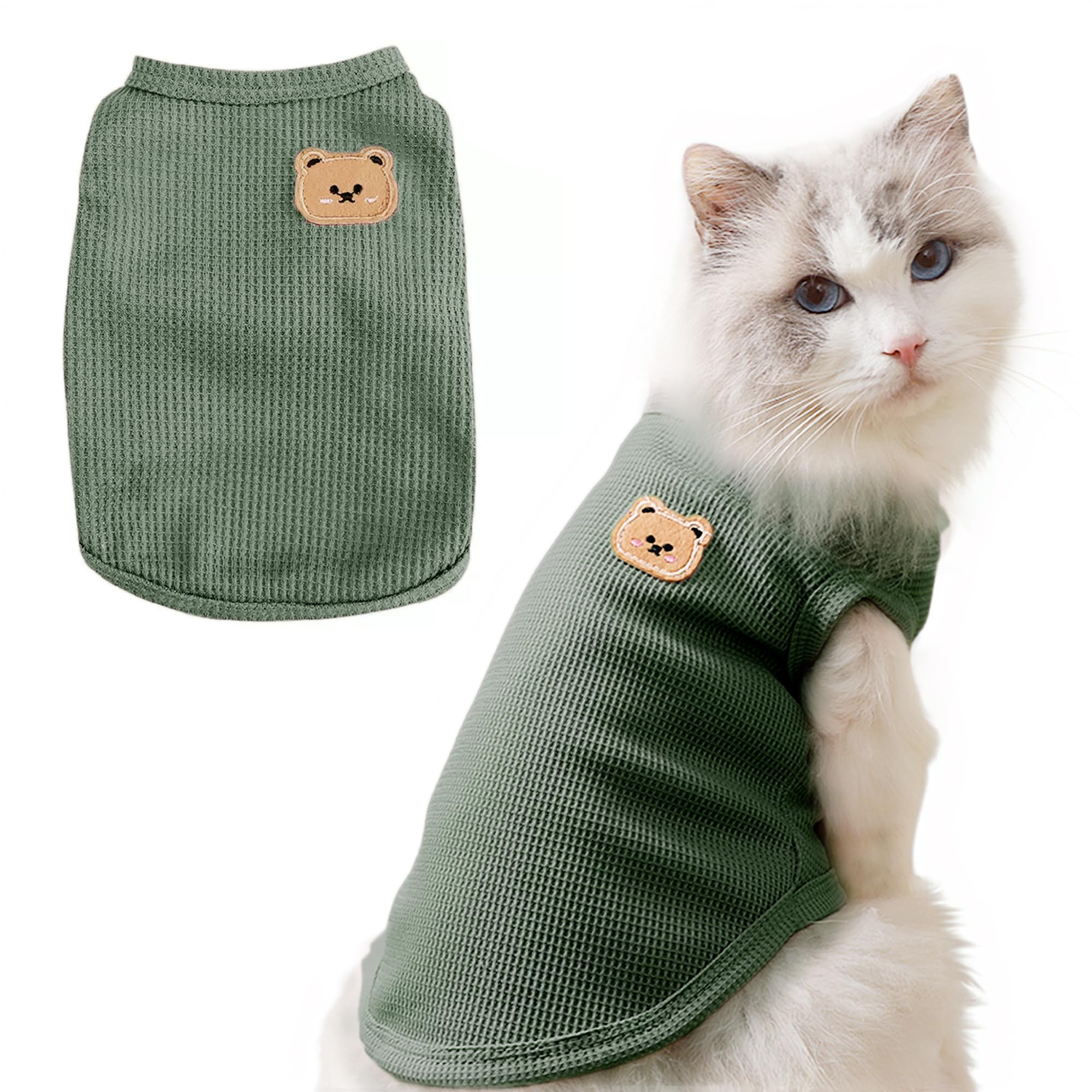 Photo 1 of MAQILO Waffle Knit Cat & Dog T Shirt for Small Dogs, Stretchable Puppy Shirt for Sphynx Cats & Small Breeds, Pet Clothes | Breathable Summer/Winter Apparel for Newborn(Green Medium)