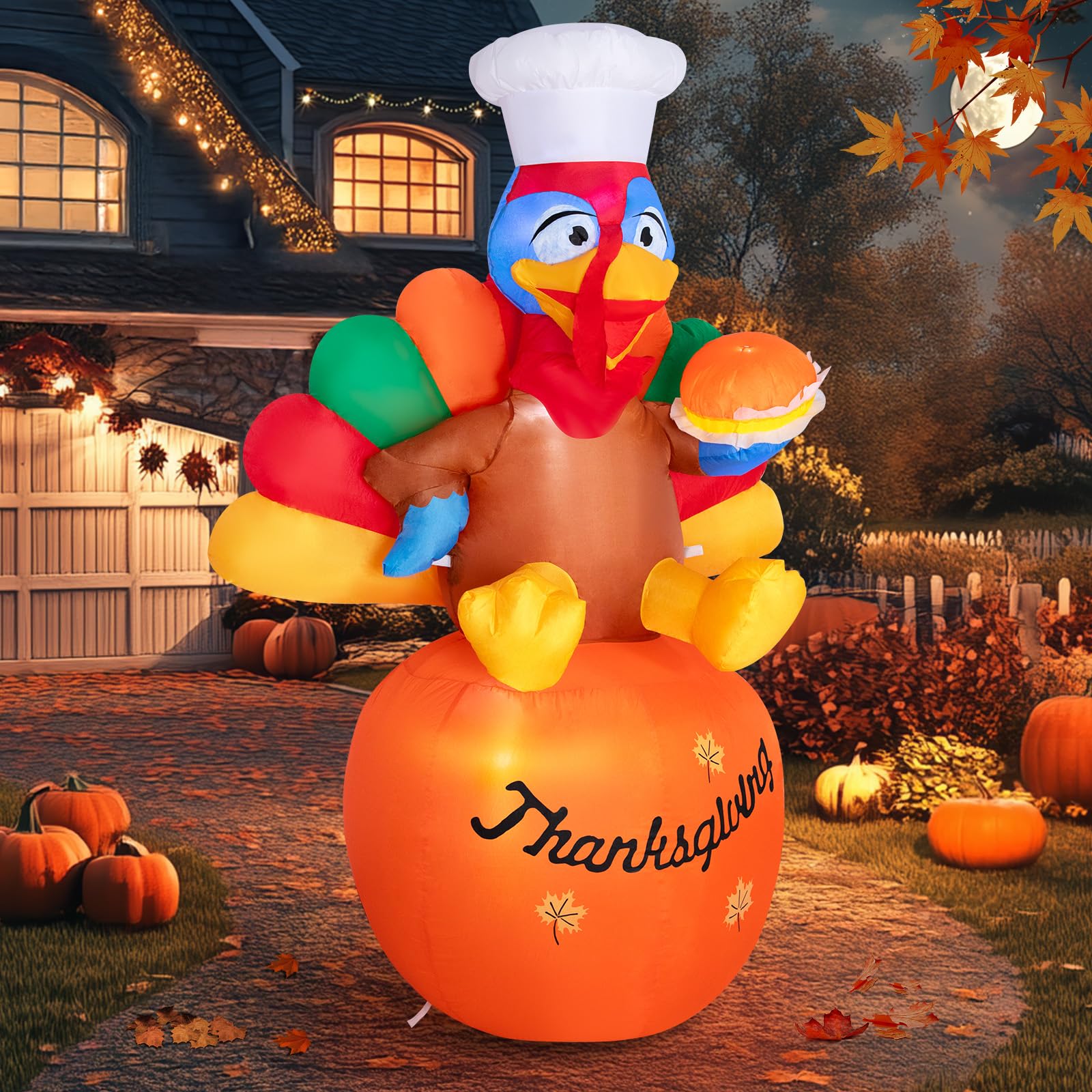 Photo 1 of 6 FT Thanksgiving Inflatable Turkey with LED Lights, Funny Chef Turkey Holding Burger Sitting on Pumpkin, Blow Up Yard Decoration for Outdoor, Fall Harvest & Holiday Party Decor