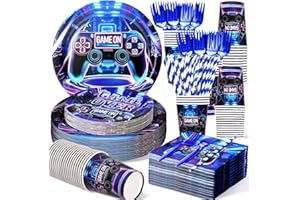 KINOVO 300 Pcs Video Game Plates and Napkins Tableware Sets(Serve 50), Birthday Party Decorations, Include Plates, Cups, Straws, Forks, Napkins, Game on Birthday Decorations for Boys
