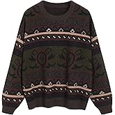 ZAFUL Womens Vintage Sweater Long Sleeve Crewneck Oversized Grunge Punk Geo Print Drop Shoulder Knit Pullovers