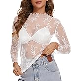 Womens Lace Mesh Long Sleeve Top Floral Sheer See Through Sexy Tops Mock Neck Shirts Party Club Night Blouses