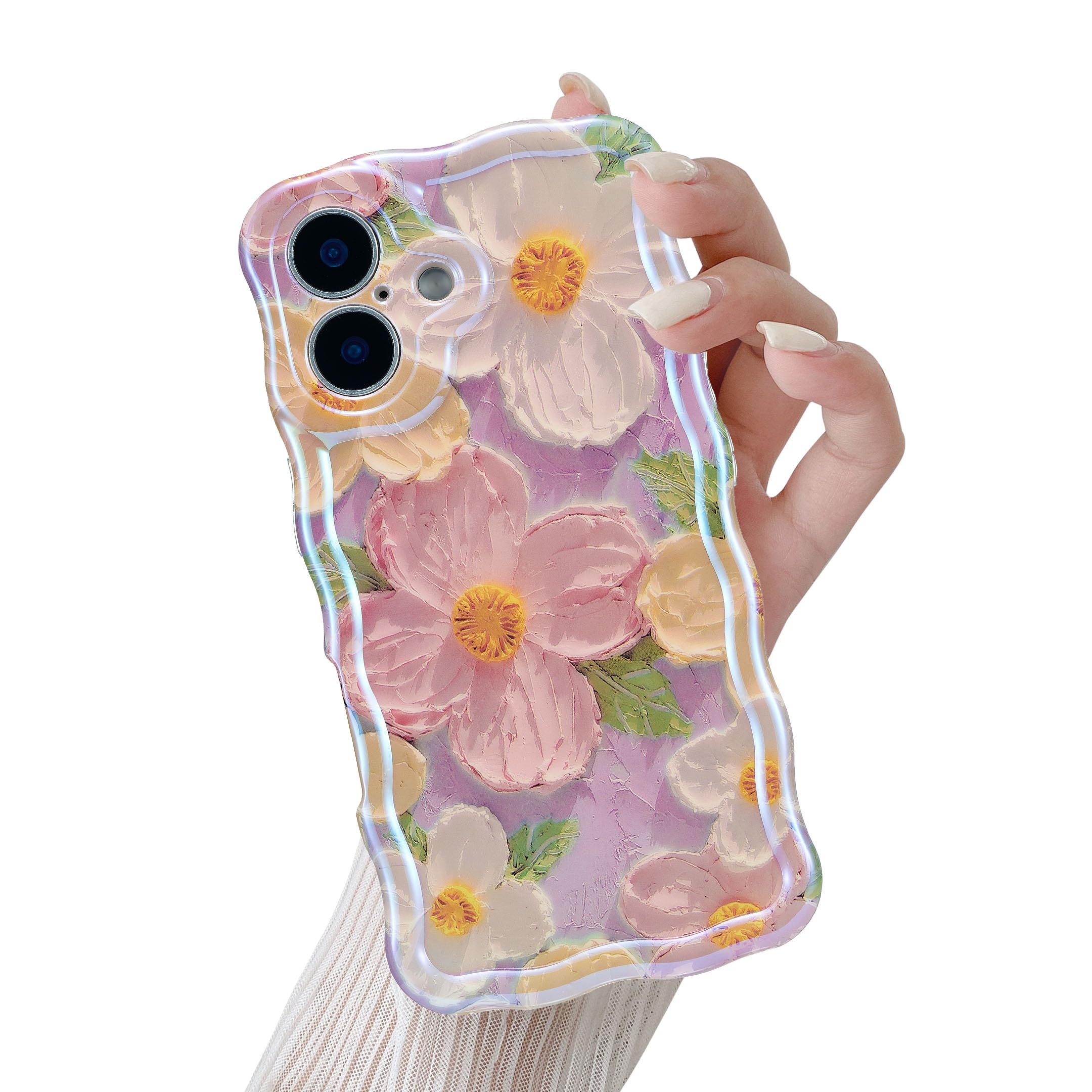 QLTYPRI Case for iPhone 16 Plus, Colorful Retro Oil Painting Flower Pattern Cute Curly Wave Frame Exquisite Phone Case for Girls Women, Shockproof TPU Protective Phone Cover for iPhone 16 Plus- Pink