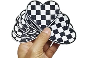 FSFYXHC Set of 12pcs Black and White Racing Day Race Day Checkered Flag Heart Iron On Embroidered Patches Appliques Machine Embroidery Jacket Denim Jeans Shirt Trucker Hat Cap Patch Crafts 2.5"x2.3"
