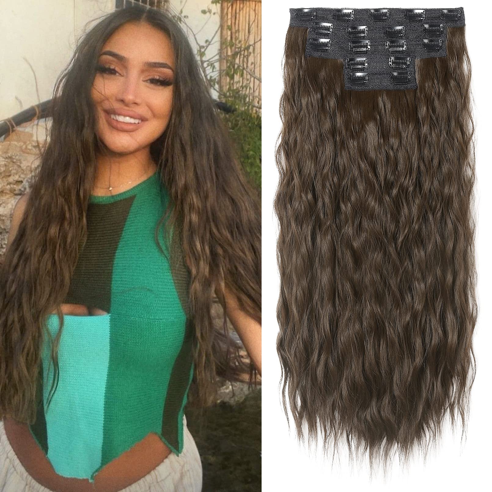 REECHO Hair Extensions, 5PCS Brown Clip in Hair Extensions 24" Thick Long Loose Waves hair extensions HE002 Invisible Lace Weft Natural Soft Hairpieces for Women ¨C Chocolate Brown