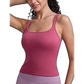 CRZ YOGA Seamless Womens U Neck Longline Sports Bra - Thin Strap Padded Workout Crop Tank Ribbed Open Back Yoga Camisole Top