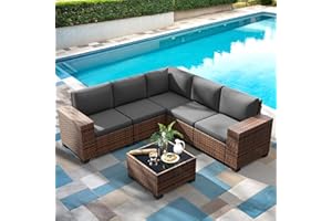 Amopatio Outdoor Sectional Furniture Set 6-Piece Brown Rattan Wicker Conversation Sofa Set with Glass Top Table and Waterproof Covers,Grey Cushions