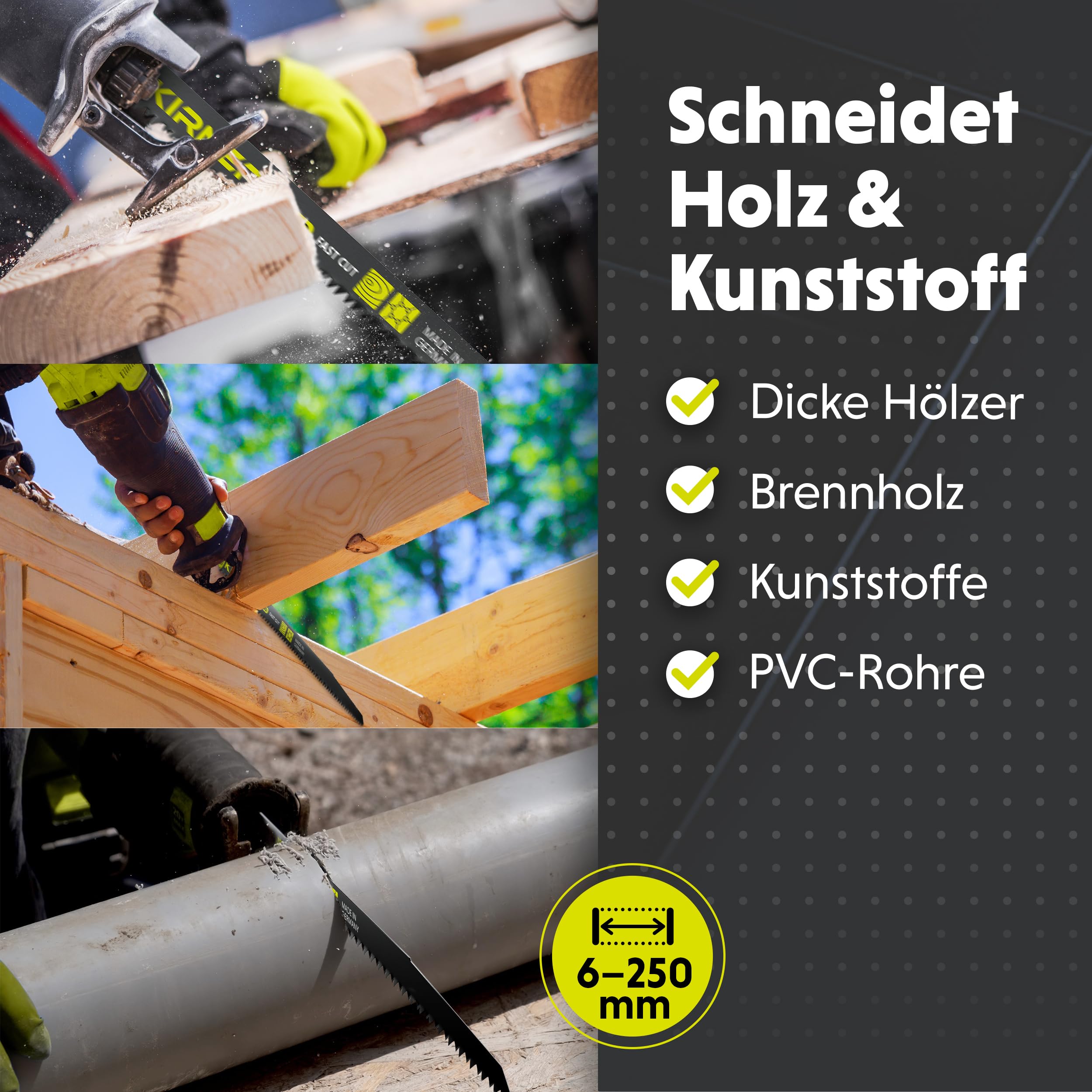 KIRNER Säbelsägeblätter Holz 300mm [ Extrem scharf & Langlebig ] 10er Pack Sägeblätter Säbelsäge inkl. Box - Reciprosägeblätter mit Universalaufnahme für alle Holz und Kunststoff 6-250mm 6