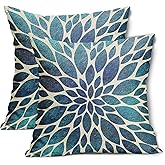 aportt Navy Blue Teal Dahlia Pillow Covers 16X16 Inch Spring Summer Floral Couch Pillow Cases Modern Abstract Throw Pillows Set of 2 Home Decor for Living Room Bedroom Couch Bed Sofa Outdoor
