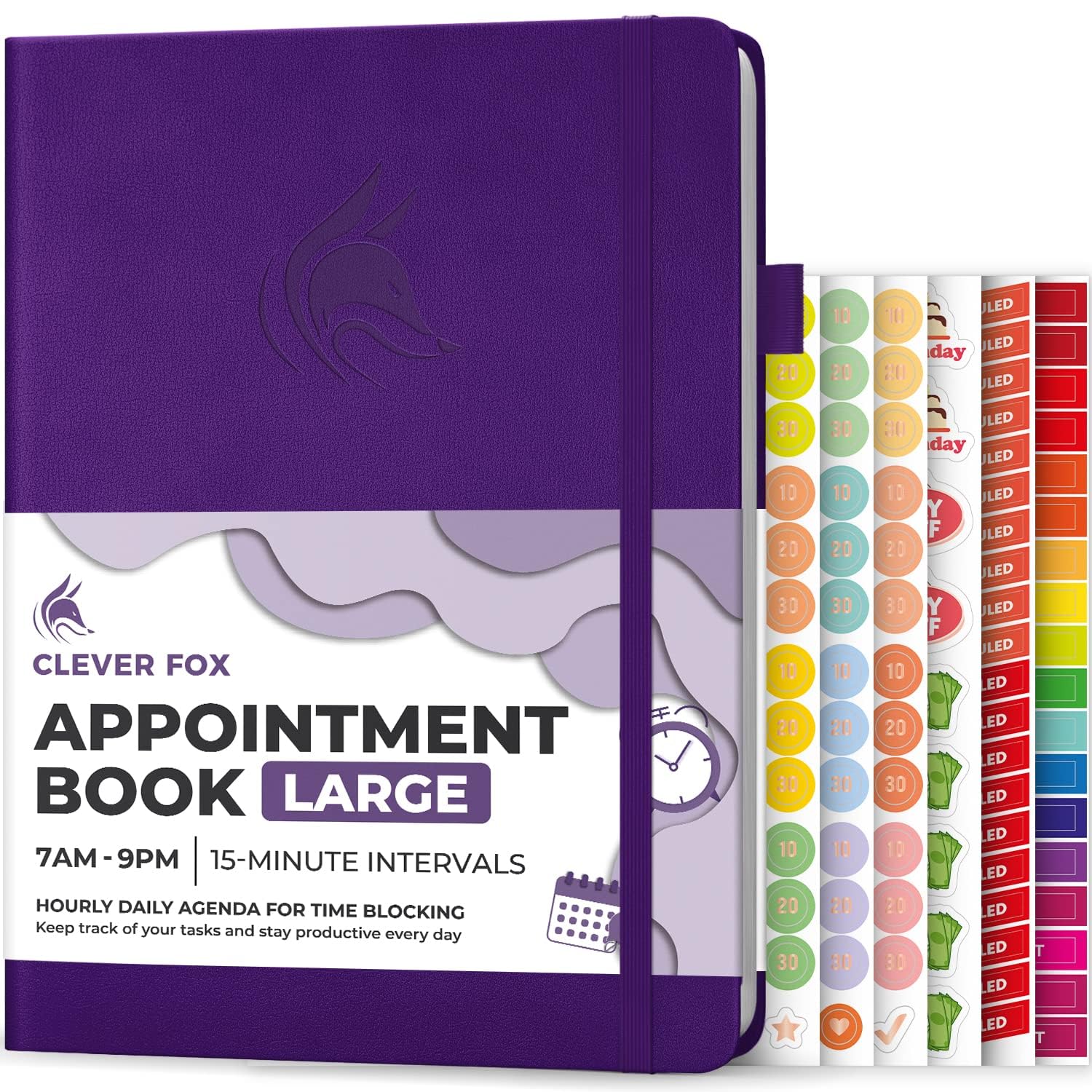 Clever Fox Appointment Book – Hourly Schedule Planner with 15-Minute Increments – Time Box Planner for Daily Work & To-Dos – Weekly & Monthly Spreads, Undated, Hardcover, A4 size, (Purple) — image 1